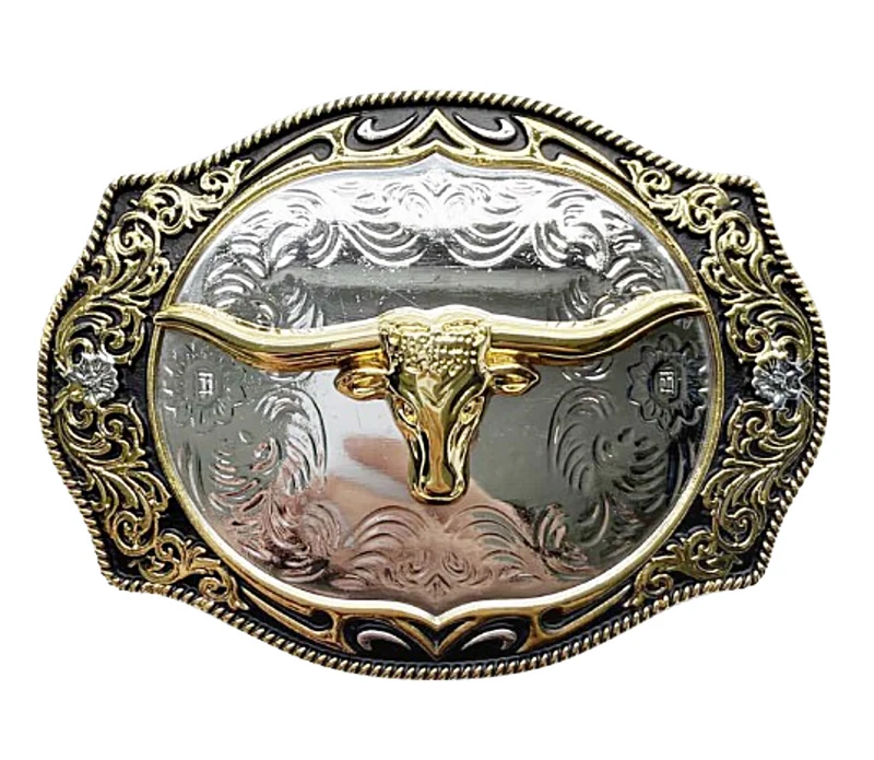 Große Western Gürtelschnalle Longhorn – Gold/Silber Buckle mit Ornamenten